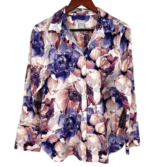 Chico's Tops - Chicos Chic Stretch No Iron LARGE 2 US 12 Purple Pink Formal Tropical Shirt Top